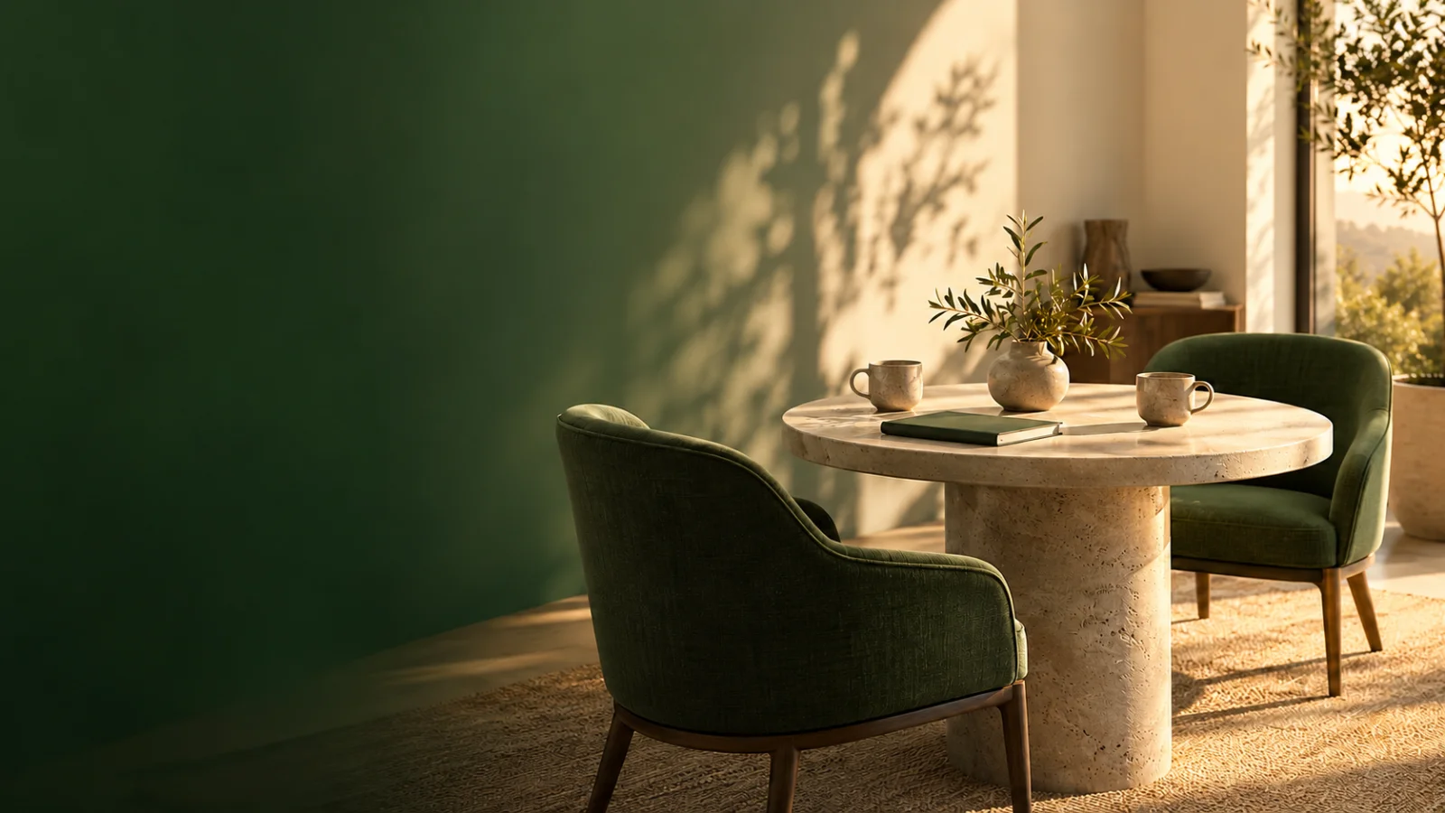 A calm meeting corner with green armchairs around a small round table