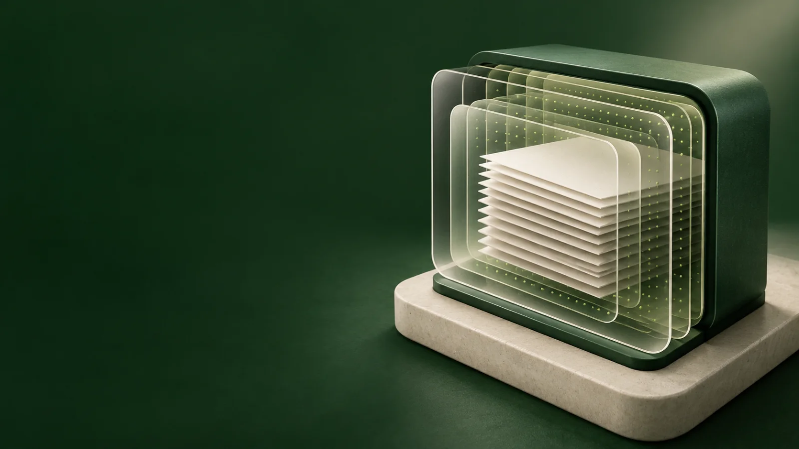 Layered glass panels protecting a stack of documents