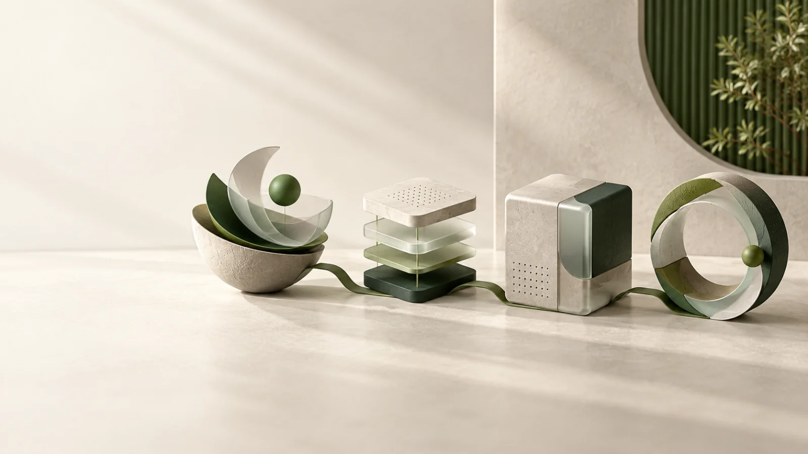 Sculptural objects arranged in sequence on a table, suggesting a step-by-step process