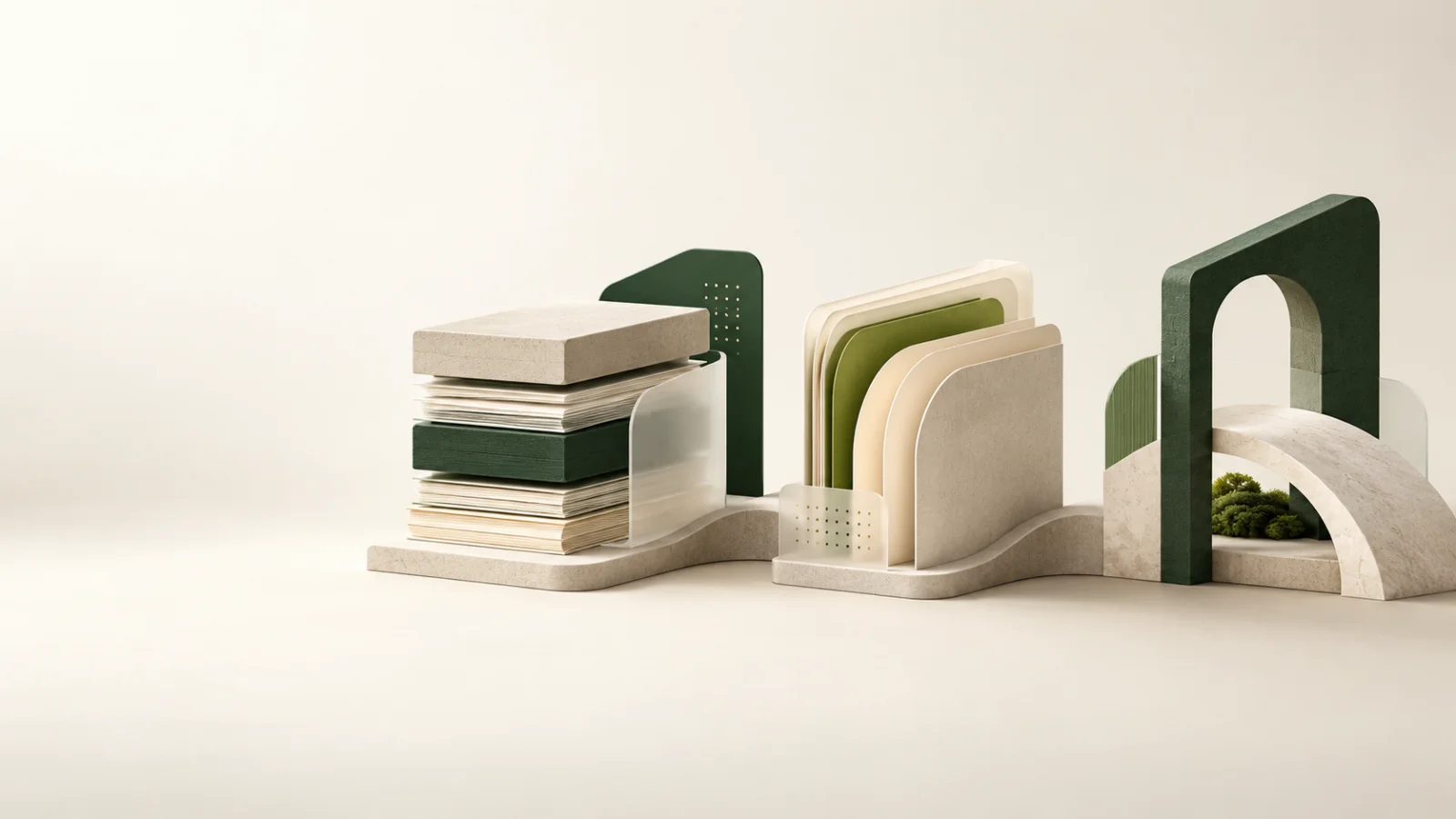 Sculpted stone and glass forms representing organised financial records