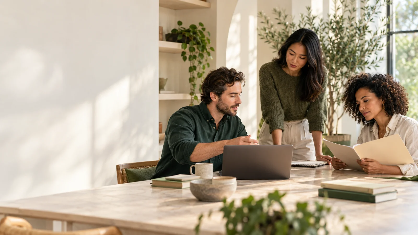 Three colleagues reviewing documents and a laptop together at a bright office table