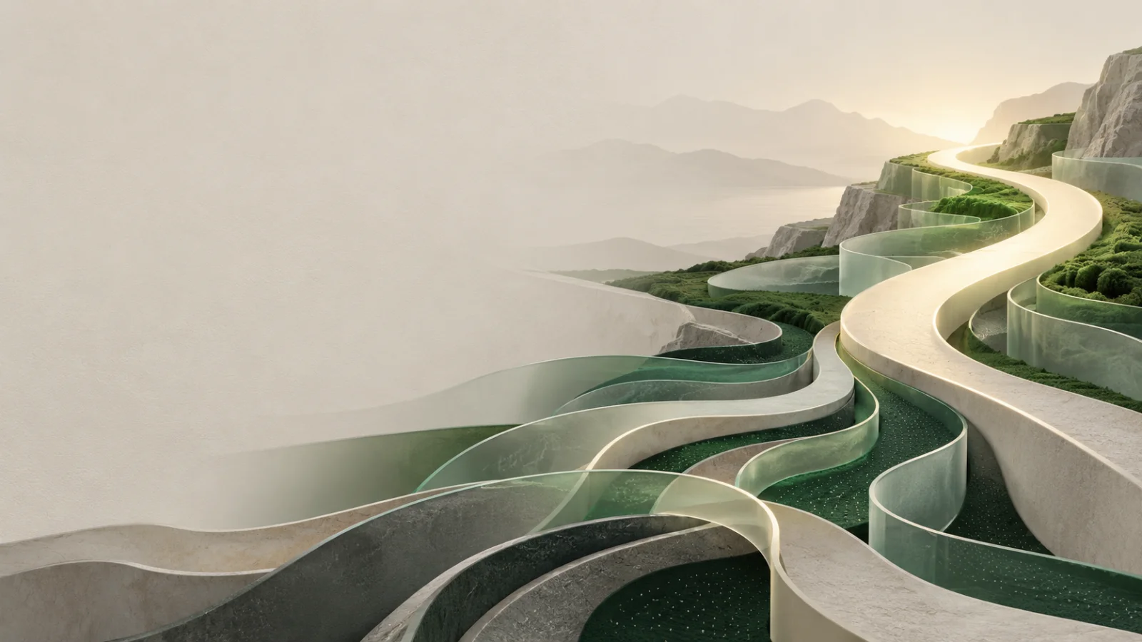 A winding path through layered green landscape, suggesting guidance